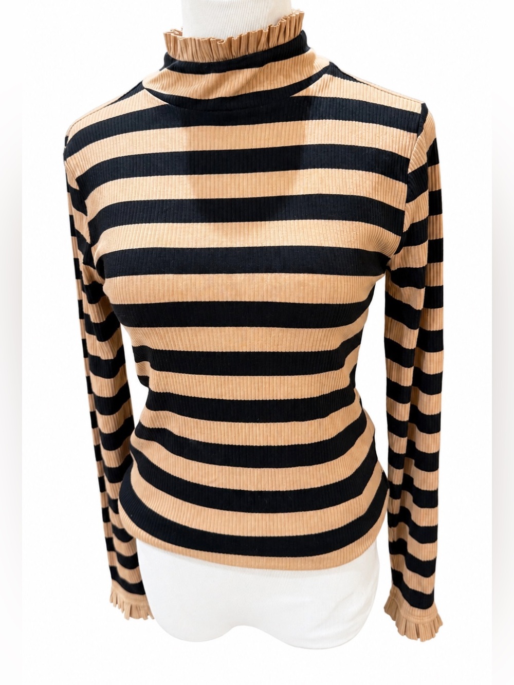 J. Crew Black & Tan Striped Ruffle Turtle Neck Long Sleeve Top Small